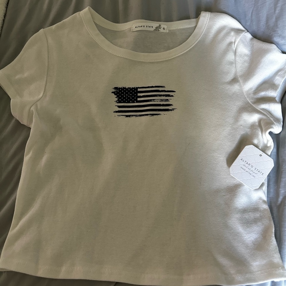 Altar'd State White Tee with Black Flag Design